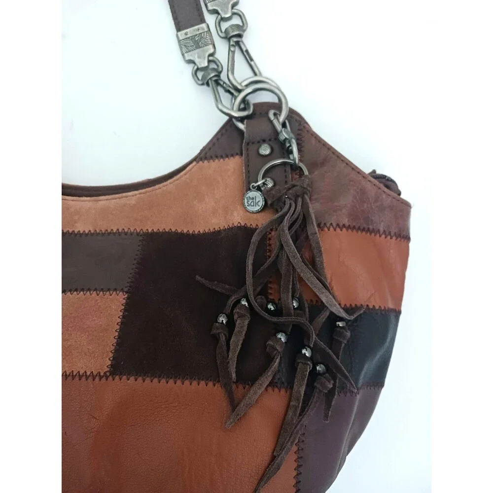 Y2K The Sak Brown Patchwork Leather/Suede Hobo Chunky Silver Hardware Tassel